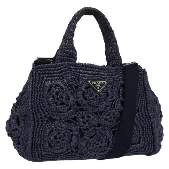 PRADA Canapa PM Hand Bag Raffia Navy Auth am8832 - Picture 1 of 16